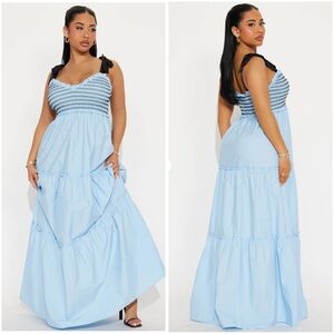 Fashion Nova Light Blue Maxi Dress with Black Tie Straps